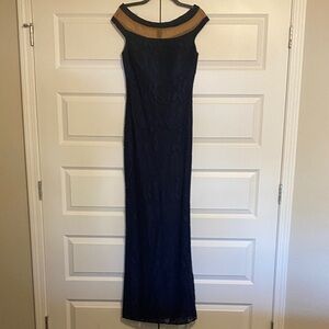 Betsy & Adam Navy and nude mesh formal Dress